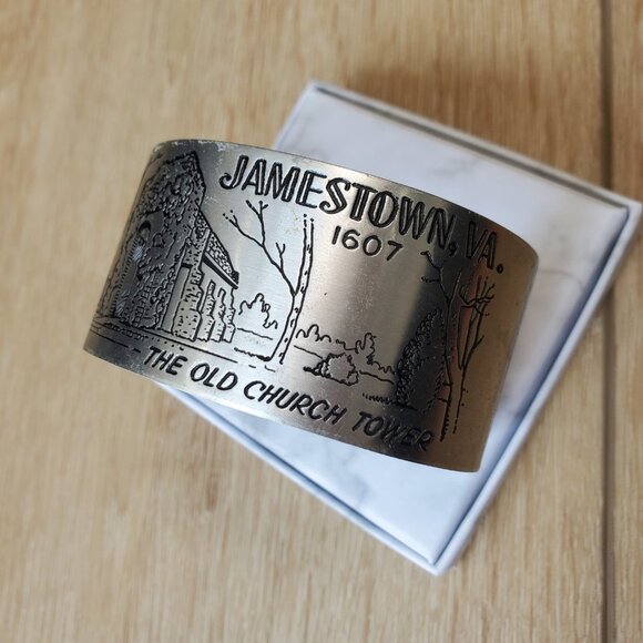 Vintage Bracelet Cuff Jamestown Virgina VA The Old Church Tower Silver Tone 1607 - Picture 1 of 16